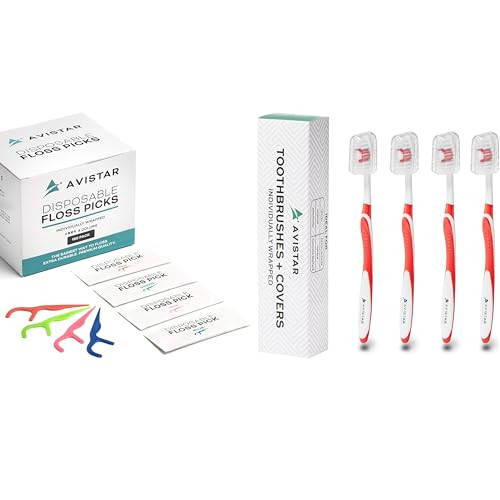 Avistar Dental Care Bundle 450 Individually Wrapped Floss Picks (Multi-Color) & 4 Medium Bristle Toothbrushes For Adults (Red) - Easy Grip & Convenient Oral Hygiene Kit For Travel Hotels & More