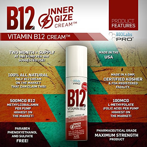 Biolabs Pro Innergize B12 Cream - All Natural Topical B12 W/B6 & 10 L-Arginine - Advanced Neurological & Preworkout Support - Professional Grade Methyl B12 - B6