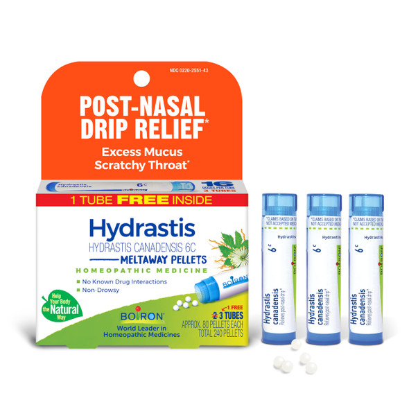 Boiron Hydrastis Canadensis 6C Homeopathic Medicine For Post-Nasal Drip Relief Excess Mucus Scratchy Throat - 3 Count (240 Pellets)