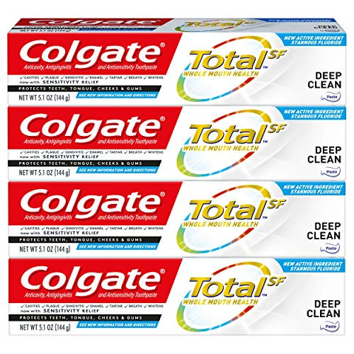 Colgate Total Toothpaste With Stannous Fluoride And Zinc Multi Benefit Toothpaste With Sensitivity Relief And Cavity Protection Deep Clean 5.1 Ounce (4 Pack)