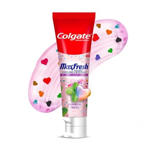 Colgate Maxfresh Rainbow Fresh Gel Toothpaste With Heart Shaped Cooling Crystals Triple Mint Flavour And Ultrafreeze Technology For Intense Freshness Vegan Gluten-Free 100G/3.5Oz