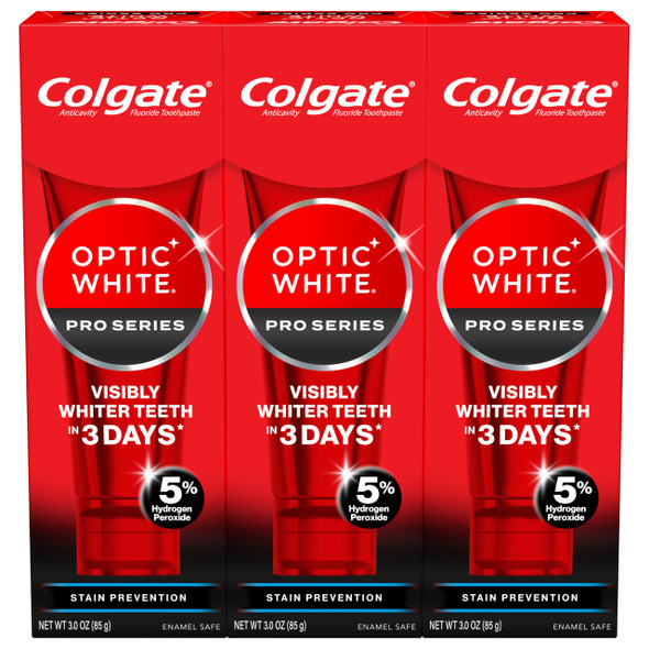 Colgate Optic White Pro Series Stain Prevention Hydrogen Peroxide Toothpaste Teeth Whitening Toothpaste Effectively Removes Tea Coffee And Wine Stains Enamel-Safe For Daily Use 3 Pack 3.0 Oz