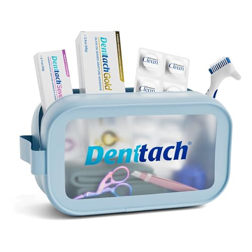 Denttach Denture Starter Kit 9 Piece Kit Includes Denttach Seven Thermoplastic Denture Adhesive Gold Denture Adhesive Clean Tablets Case Brush Scissors Tweezers Microfiber Towel & Travel Case