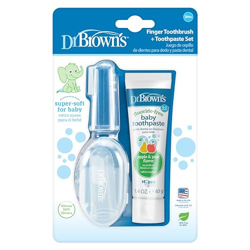 Dr. Brown'S 100 Silicone Baby Finger Toothbrush And Toothpaste Set 2-Pack Toothbrush With Storage Case Fluoride-Free Apple Pear Toddler Toothpaste