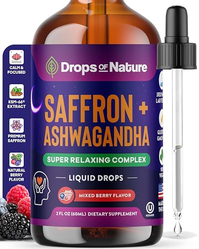 Drops Of Nature Ashwagandha And Saffron Supplement Contains Ksm 66 And Saffron Extract Vegan Gluten-Free Gmo-Free Daily Herbal Ashwagandha Supplement To Support Focus Clarity & Relaxation (Mixed Berry 60Ml)