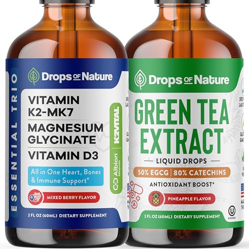 Drops Of Nature Green Tea Extract Liquid Drops (Pineapple 60Ml) & Magnesium Glycinate With Vitamin K2 D3 Drops (Mixed Berry 60 Ml) Vegan Gluten-Free Antioxidant & Daily Mineral Wellness Support