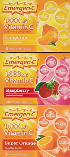 Emergen-C 1000 Mg Vitamin C Dietary Supplement Drink Mix Super Orange/Raspberry/Tropical 90 Packets Net Wt 28.5 Oz