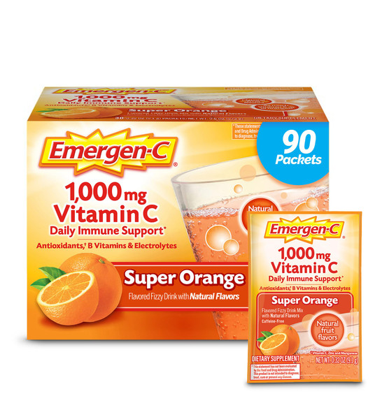 Emergen-C 1000Mg Vitamin C Powder For Daily Immune Support Caffeine Free Vitamin C Supplements With Zinc And Manganese B Vitamins And Electrolytes Super Orange Flavor - 90 Count/3 Month Supply