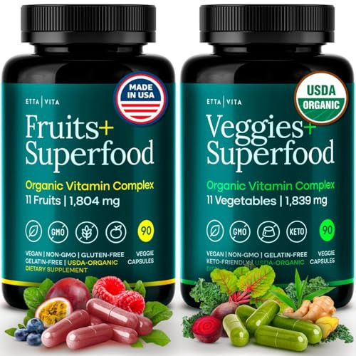 Etta Vita 100 Organic Fruits And Veggies Supplement (Usda Organic - Made In Usa) 180 Potent Fruits And Vegetable Capsules For Energy Boost & Daily Fruit And Vegetable Vitamins - Vegan Non-Gmo Gluten-Free