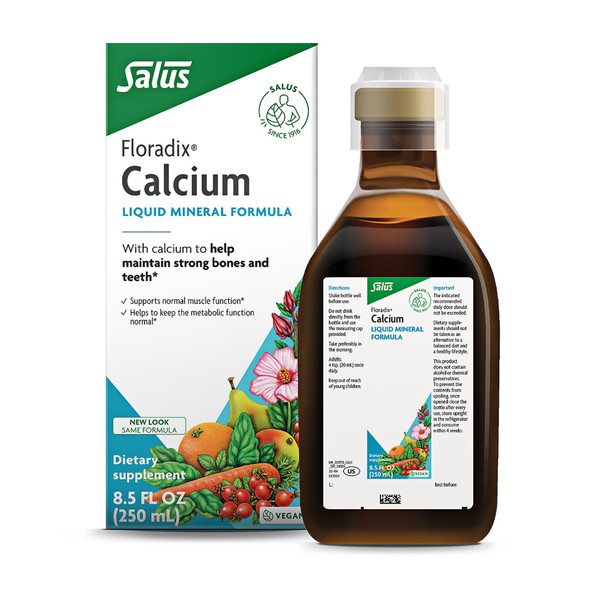 Floradix Calcium Liquid Supplement - Supports Strong Bones & Teeth - Calcium Gluconate & Lactate - Gentle To Digest & Easily Absorbed - Vegan Non-Gmo 8.5 Fl Oz