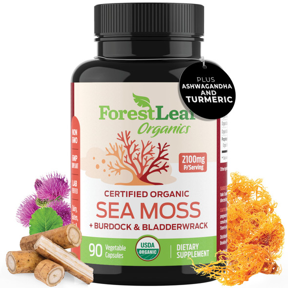Forestleaf Organic Irish Sea Moss Capsules 2100Mg Raw Seamoss Pills Advanced Supplement Superfood Burdock Bladderwrack For Digestive Respiratory Immune Health 90 Vegan Organic Sea Moss Caps