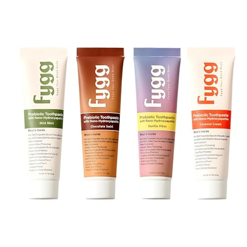 Fygg Fluoride-Free Toothpaste 4-Pack Travel Size (Mild Mint Vanilla Coconut & Chocolate) Nano-Hydroxyapatite Formula For Whitening Enamel Repair & Sensitive Teeth (0.7 Oz Each)