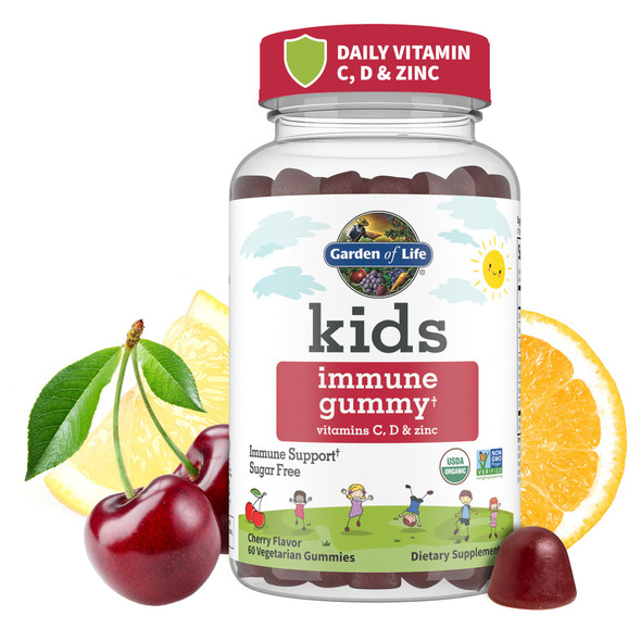 Garden Of Life Kids Immune Support Gummies With Vitamin C D As D3 & Zinc For 3-In-1 Daily Children S Immunity Organic Non-Gmo Gluten-Free Vegetarian Sugar Free Cherry Flavor 30 Day Supply