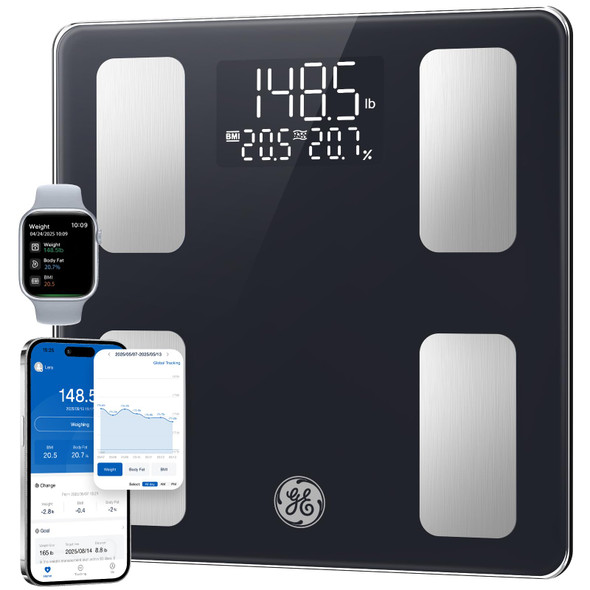Ge Smart Scale For Body Weight Bmi Body Fat Digital Bathroom Scales 13 Body Composition Monitor Health Analyzer For Home Gym Bluetooth App Sync Accurate 400Lb Weighing Black 11Inch