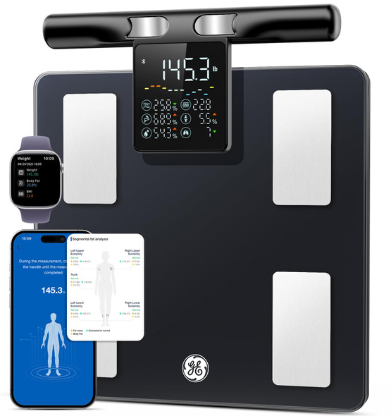 Ge Smart Scale For Body Weight 8-Electrode Body Pod Fat Monitor With Full Body Composition Analysis Bluetooth App Sync Large Handle Display 400Lb Capacity Bathroom Scale For Home & Gym Black
