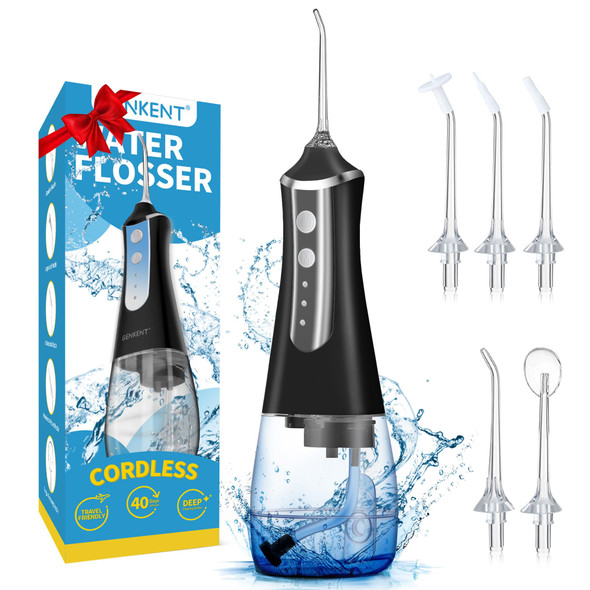 Genkent Water Flosser Pick For Teeth Cleaning 300Ml Dental Oral Irrigator 3 Modes 5 Tips Rechargeable Travel Pik Waterproof Dental Picks Electric Flossing For Home (Black)