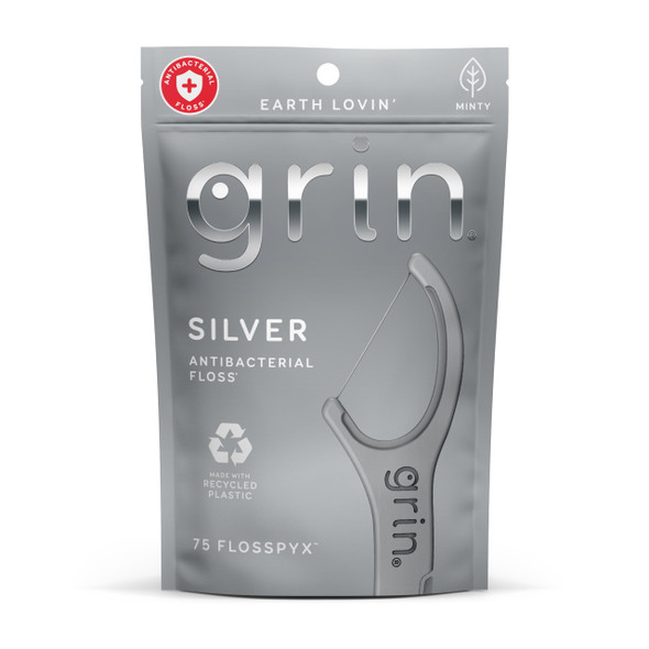Grin Silver Flosspyx Floss Picks 75 Count Dental Flossers Minty Flavor Recycled Plastic Super Strong Fine Floss Tight Teeth Premium Longer Floss Head Includes Safe Fold-Back Tooth Pick