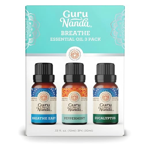 Gurunanda Breathe Essential Oil Set 3-Pack Aromatherapy Oils For Diffusers Massages & Diy Recipes Peppermint Eucalyptus & Breath Easy 100 Pure Natural & Undiluted (3 X 0.34 Fl Oz)
