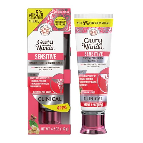 Gurunanda Sensitive Toothpaste 5 Potassium Nitrate For Tooth Sensitivity Relief Nano Hydroxyapatite Xylitol & White Turmeric For Happy Gums Fluoride-Free Natural Clove Mint 4.2 Oz