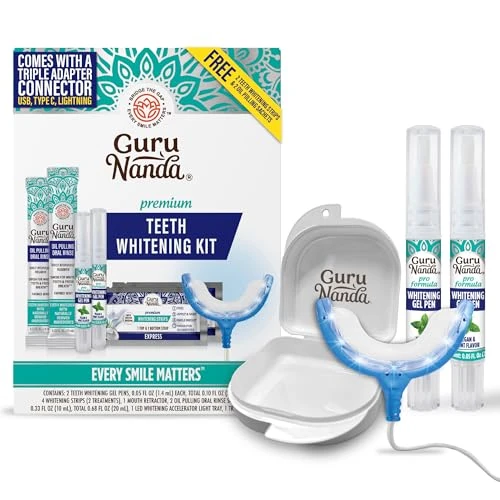 Gurunanda Premium Teeth Whitening Kit With Wired Led Light & Whitening Pen Works With Iphone & Android Helps Remove Surface Stains From Coffee Food Soda