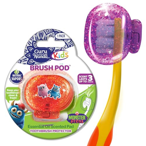 Gurunanda Kids Toothbrush Protector Ventilated Brush Pod Clip-On Cover To Fit Most Kids Toothbrushes Natural Essential Oil Vapor Wick Colors May Vary 1 Count