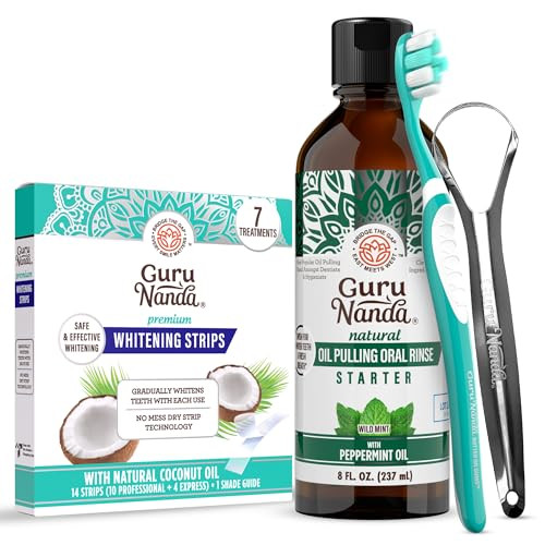 Gurunanda Coconut Oil Dental Care Whitening Strips Oil Pulling - Helps Brighten Teeth Freshen Breath Healthy Gums - 14 Strips 8Oz For Complete Oral Care