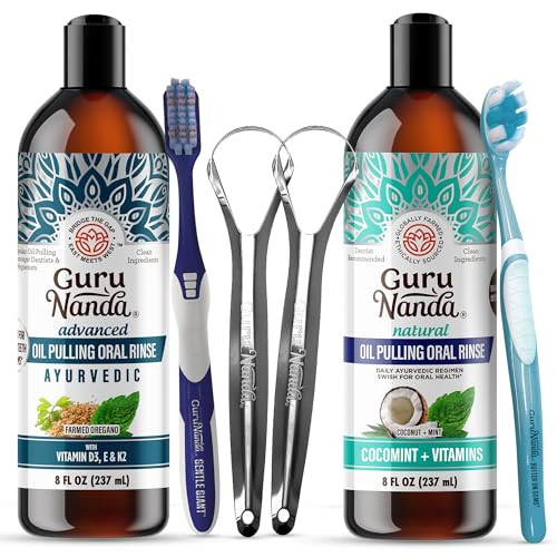 Gurunanda Advanced Oil Pulling & Coconut Oil Pulling Bundle With Toothbrush Tongue Scraper - For Happy Teeth & Gums & Bad Breath