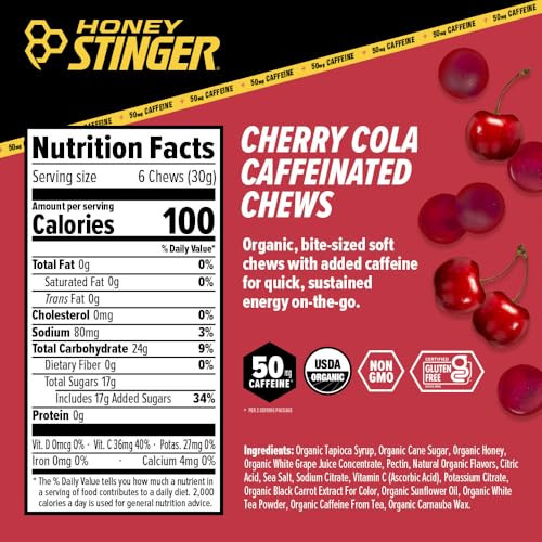 Honey Stinger Cherry Cola Caffeinated Energy Chew Gluten Free With Caffeine For Exercise Running And Performance Sports Nutrition For Home & Gym Pre And Mid Workout 21.6 Ounces (Pack Of 12)