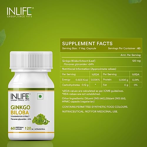 Inlife Ginkgo Biloba Extract Capsules 120Mg Herbal Supplement 60 Vegetarian Capsules