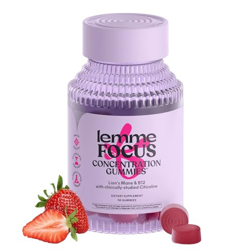 Lemme Focus Concentration & Brain Health Gummies With Cognizin Citicoline Lion'S Mane Mushroom Vitamin B12 To Support Focus Concentration - Gluten Free Caffeine Free Strawberry (50 Count)
