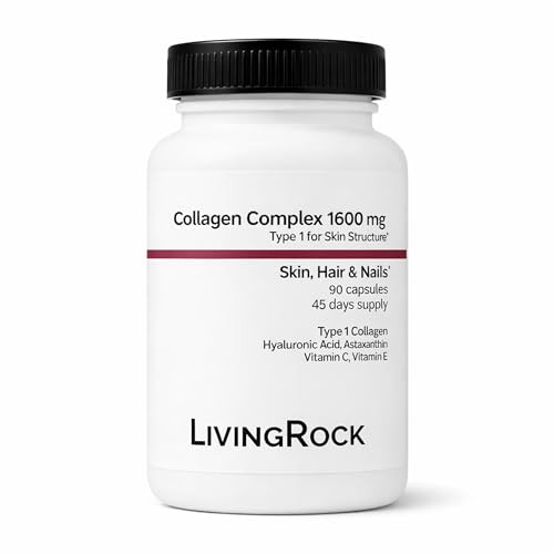 Livingrock Marine Beauty Collagen Complex For Skin Hair & Nails With Type 1 Marine Collagen Hyaluronic Acid Astaxanthin Vitamins C & E 90 Capsules 45-Day Supply