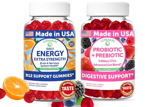 Lunakai Usa Made Energy B12 & Probiotic Prebiotic Gummies Bundle Daily Wellness & Digestive Balance Support 60 Non-Gmo Gummies Each