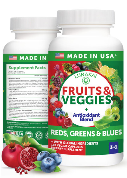Lunakai Usa Made Superfood Fruits & Veggies Supplement - All-In-One With 4 Blends & Scented Capsules 180Ct Super Veggie Capsules For Adults