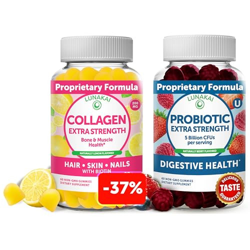 Lunakai Collagen And Probiotic Gummies Bundle - Non-Gmo Gluten Free - Anti Aging Hair Growth Skin Care & Strong Nails And Digestive Health 30 Days Supply