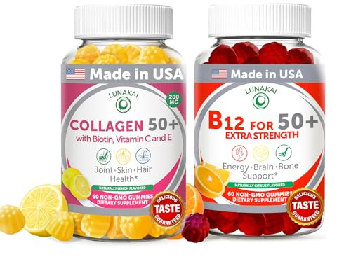 Lunakai Usa Made Collagen & B12 Gummies Bundle For Adults 50 Supports Skin Hair Joint Health & Energy Non-Gmo Delicious Lemon & Orange Flavors 60Ct Each