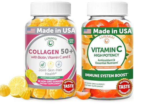 Lunakai Usa Made Collagen & Vitamin C Gummies Bundle For Adults 50 Supports Skin Hair Joint Health & Immune Function Non-Gmo Vegan Delicious Lemon & Orange Flavors 60Ct Each