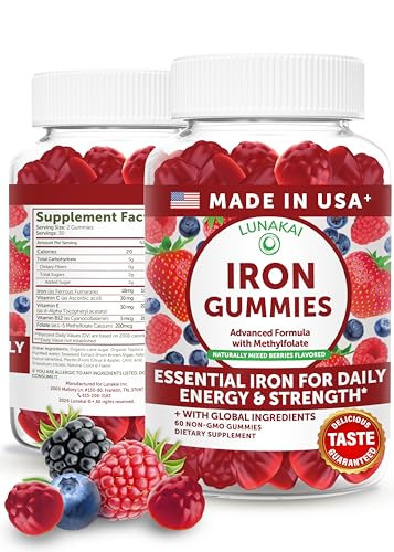 Lunakai Usa Made Vegan Iron Gummies 5-In-1 With Methylfolate Vitamin C E & B12 - Daily Chewable Iron Supplement For Women Men & Kids - Energy & Blood Health Support Non-Gmo 60Ct