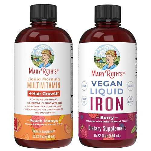 Maryruth'S Maryruth'S Liquid Morning Multivitamin Hair Growth (Peach Mango 15.22Oz) & Iron Liquid (Berry) Clean Label Project Verified Beauty Immunity & Overall Health Vegan Non-Gmo
