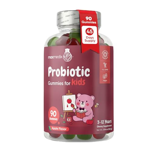 Maxmedix Kids Probiotics Gummies Prebiotic Probiotics For Kids - 1 Billion Cfu & Inulin (45-Day Supply) 90 Children Synbiotic Gummies Natural Apple Flavor Vegan Non-Gmo