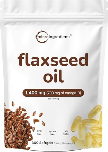 Micro Ingredients Flaxseed Oil 1400Mg 300 Liquid Softgels Flaxseed Oil Supplement With Omega 3 6 & 9 Fatty Acids Dha & Alpha Linolenic Acid (Ala) Fish Free Omega Source Non-Gmo