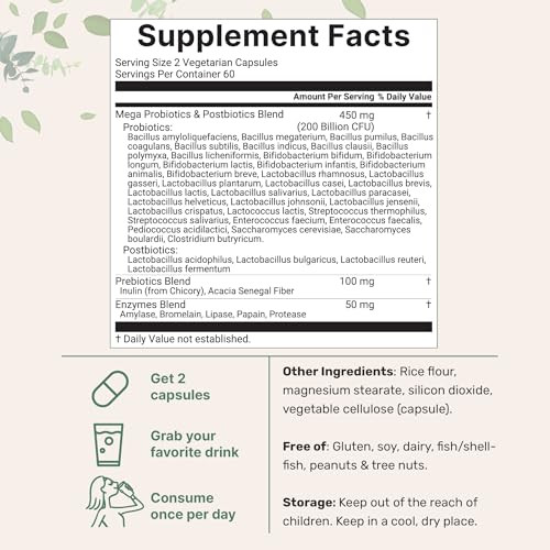 Micro Ingredients Probiotics 200 Billion Cfu 120 Veggie Capsules Mega Probiotics For Men & Women 40 Strains With Prebiotics Postbiotics & Digestive Enzymes Gut Immune & Digestive Health