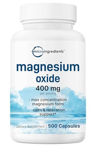 Micro Ingredients Magnesium Oxide 400Mg 500 Capsules Elemental Form For Max Concentration Supports Calm Muscle & Nerve Health Non-Gmo