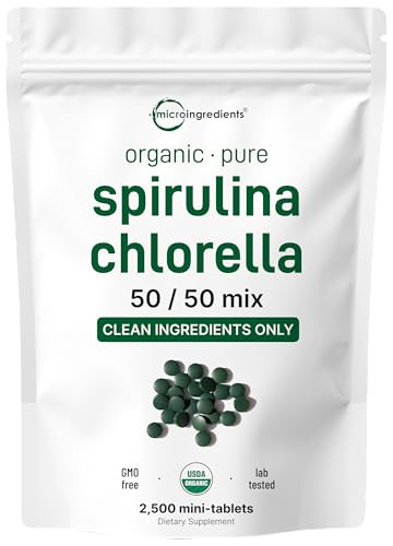 Micro Ingredients Organic Spirulina Chlorella Mini Tablets 2500 Tablets (8 Month Supply) 50/50 Blend Superfood Cracked Cell Wall For Better Absorption Rich In Vegan Protein & Chlorophyll