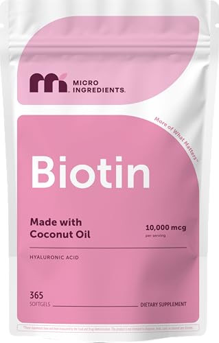 Micro Ingredients Biotin 10000 Mcg With Hyaluronic Acid 25 Mg Per Serving Made With Coconut Oil 365 Softgels 1 Per Day One Year Supply Non-Gmo & Gluten Free