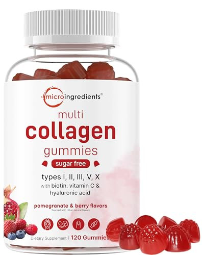 Micro Ingredients Multi Collagen Peptides 120 Collagen Gummies Type IIiIiiVX Protein With Biotin Hyaluronic Acid & Vitamin C Complex Pomegranate & Berry Flavored Sugar Free Non-Gmo
