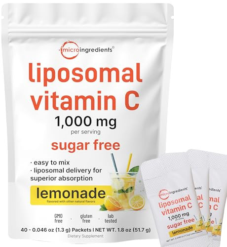 Micro Ingredients 1000Mg Vitamin C Powder For Daily Use Liposomal Fat-Soluble Form For Better Absorption Sugar-Free Lemonade Drink Mix 40 Travel Packets Fast-Dissolving