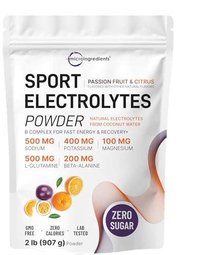 Micro Ingredients Electrolytes Powder 2 Lbs 95 Servings Sugar Free Workout Hydration Potassium Sodium L-Glutamine Beta-Alanine & More Natural Coconut Water Passion Fruit & Citrus Flavor