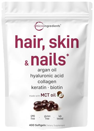 Micro Ingredients Hair Skin And Nails Vitamins For Women & Men 400 Softgels With Mct Oil 22-In-1 Argan Oil Hyaluronic Acid Collagen Keratin & Biotin Complex Natural Hair Growth Support