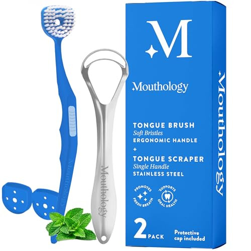 Mouthology Tongue Brush & Tongue Scraper (Combo Pack) Reduce Bad Breath & Improve Oral Hygiene Tongue Scraper Brush For Adults Ergonomic Handle & Protective Cap Tongue Cleaner