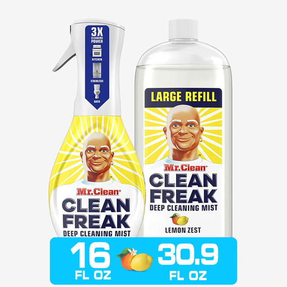 Mr. Clean All Purpose Cleaner Clean Freak Mist Cleaning Kit For Bathroom & Kitchen Cleaner Lemon Scent Includes 1 Spray Bottle (16 Oz) And 1 Large Refill (30.9 Oz)